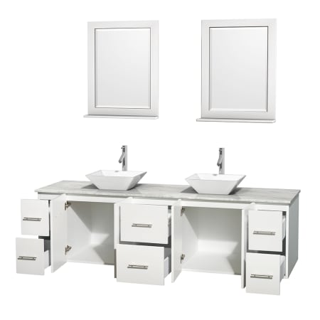 Open Vanity View with White Carrera Marble Top, Vessel Sinks, and 24" Mirrors