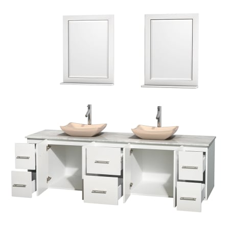 Open Vanity View with White Carrera Marble Top, Vessel Sinks, and 24" Mirrors