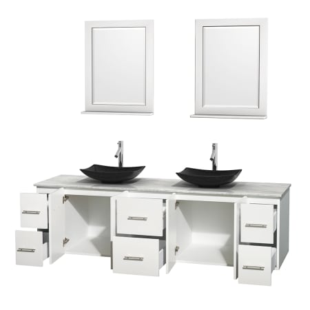 Open Vanity View with White Carrera Marble Top, Vessel Sinks, and 24" Mirrors