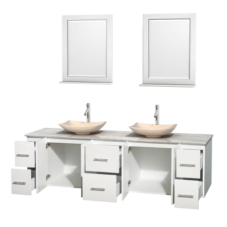 Open Vanity View with White Carrera Marble Top, Vessel Sinks, and 24" Mirrors