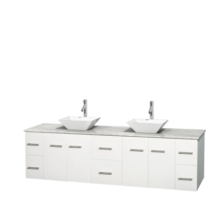 Full Vanity View with White Carrera Marble Top and Vessel Sinks