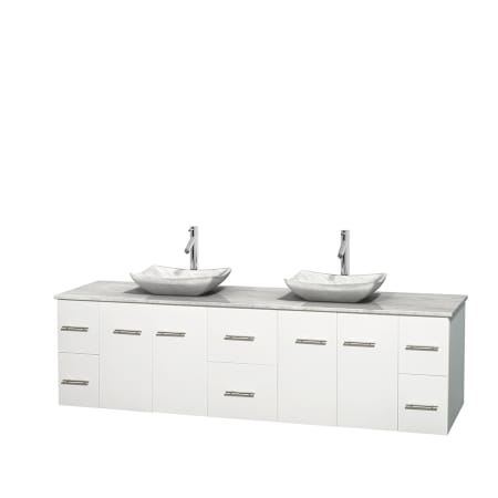 Full Vanity View with White Carrera Marble Top and Vessel Sinks