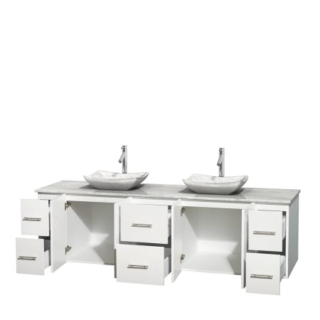 Open Vanity View with White Carrera Marble Top and Vessel Sinks