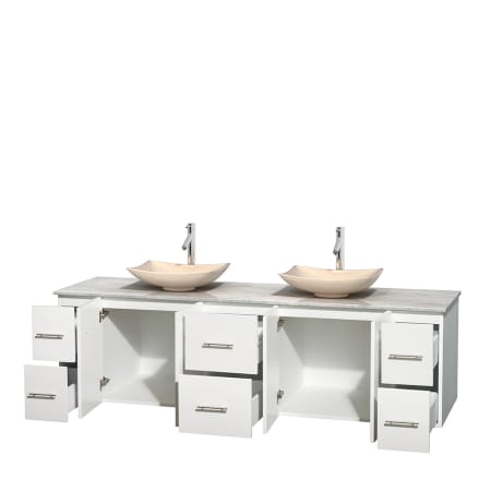 Open Vanity View with White Carrera Marble Top and Vessel Sinks