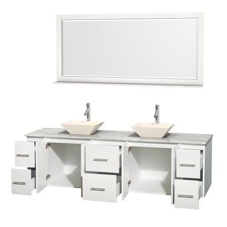 Open Vanity View with White Carrera Marble Top, Vessel Sinks, and 70" Mirror