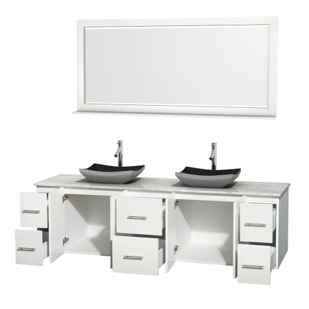 Open Vanity View with White Carrera Marble Top, Vessel Sinks, and 70" Mirror