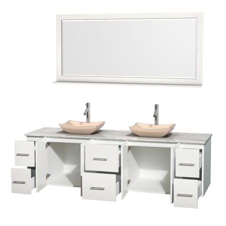 Open Vanity View with White Carrera Marble Top, Vessel Sinks, and 70" Mirror