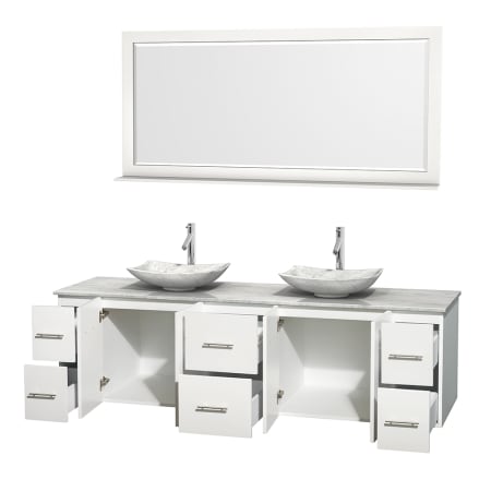 Open Vanity View with White Carrera Marble Top, Vessel Sinks, and 70" Mirror