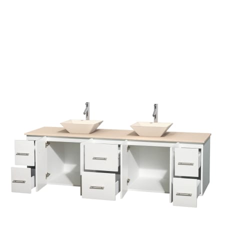 Open Vanity View with Ivory Marble Top and Vessel Sinks