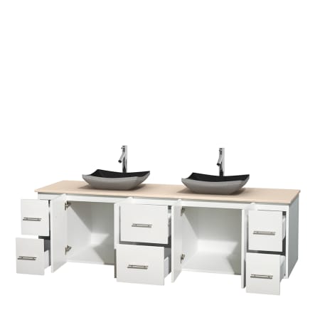 Open Vanity View with Ivory Marble Top and Vessel Sinks