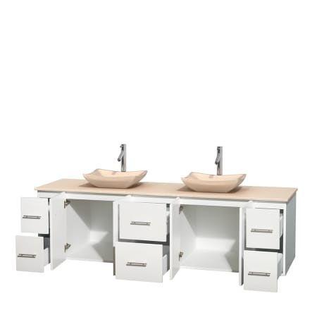 Open Vanity View with Ivory Marble Top and Vessel Sinks