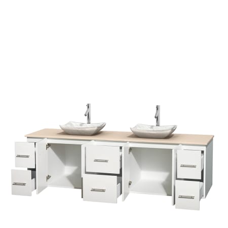 Open Vanity View with Ivory Marble Top and Vessel Sinks