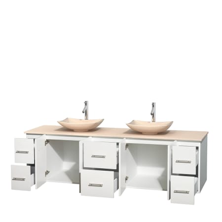 Open Vanity View with Ivory Marble Top and Vessel Sinks