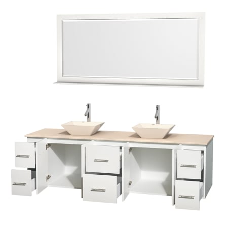 Open Vanity View with Ivory Marble Top, Vessel Sinks, and 70" Mirror