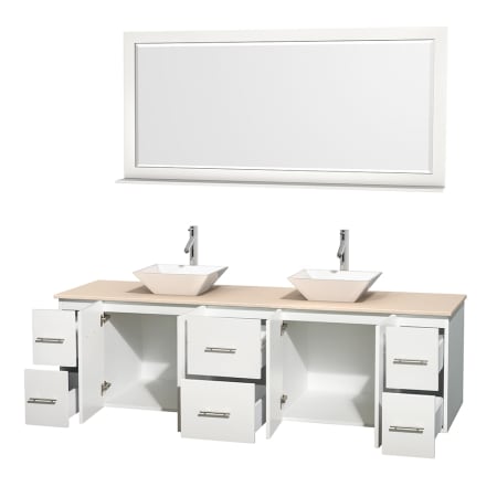 Open Vanity View with Ivory Marble Top, Vessel Sinks, and 70" Mirror