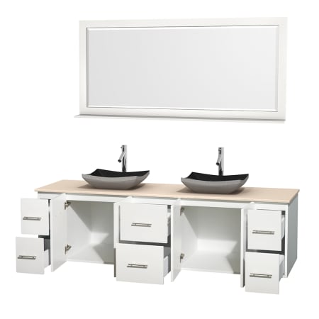 Open Vanity View with Ivory Marble Top, Vessel Sinks, and 70" Mirror