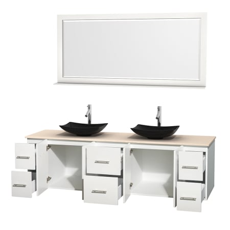 Open Vanity View with Ivory Marble Top, Vessel Sinks, and 70" Mirror