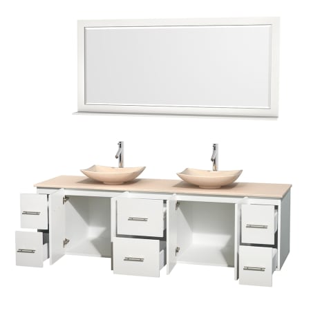 Open Vanity View with Ivory Marble Top, Vessel Sinks, and 70" Mirror