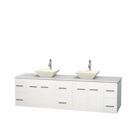 Full Vanity View with White Stone Top and Vessel Sinks