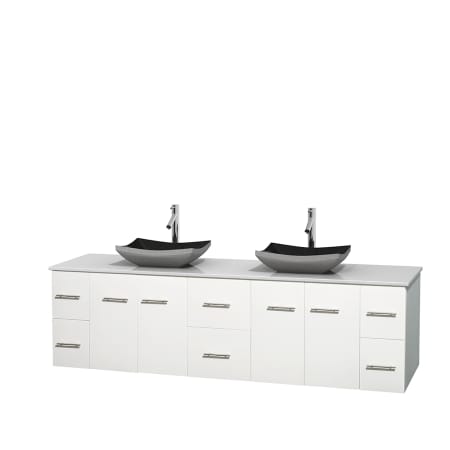 Full Vanity View with White Stone Top and Vessel Sinks