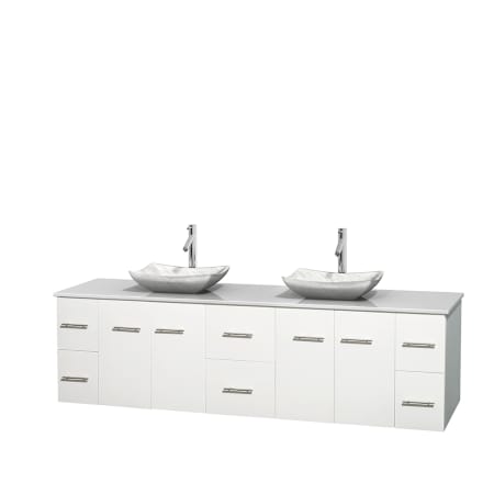 Full Vanity View with White Stone Top and Vessel Sinks