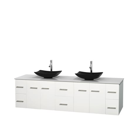 Full Vanity View with White Stone Top and Vessel Sinks