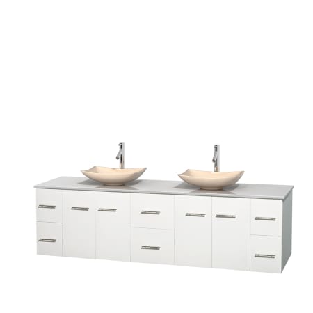 Full Vanity View with White Stone Top and Vessel Sinks