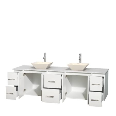 Open Vanity View with White Stone Top and Vessel Sinks