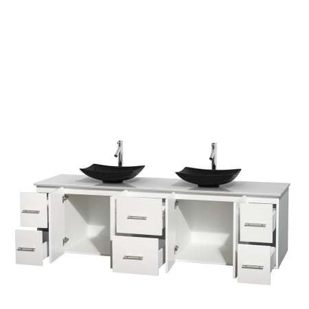 Open Vanity View with White Stone Top and Vessel Sinks