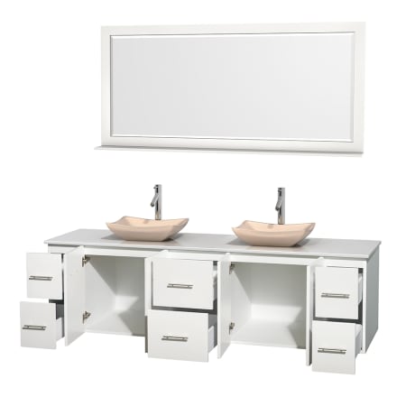 Open Vanity View with White Stone Top, Vessel Sinks, and 70" Mirror