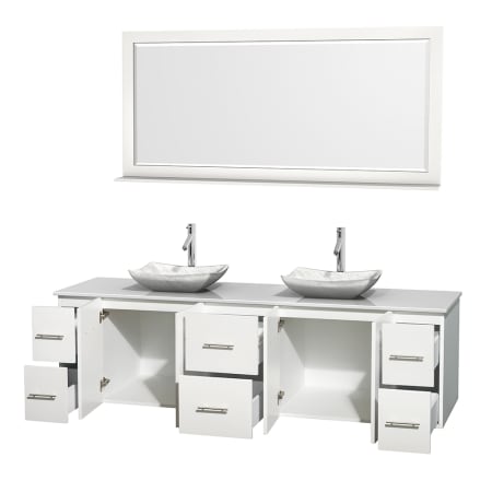 Open Vanity View with White Stone Top, Vessel Sinks, and 70" Mirror