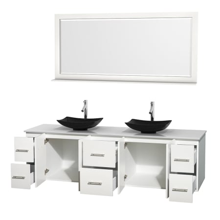 Open Vanity View with White Stone Top, Vessel Sinks, and 70" Mirror