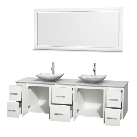 Open Vanity View with White Stone Top, Vessel Sinks, and 70" Mirror