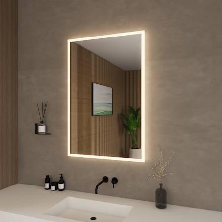 Wyndham Collection Hilton 24"W x 36"H Rectangular Flat Frameless Wall Mounted Bathroom Mirror with LED Lighting Silver