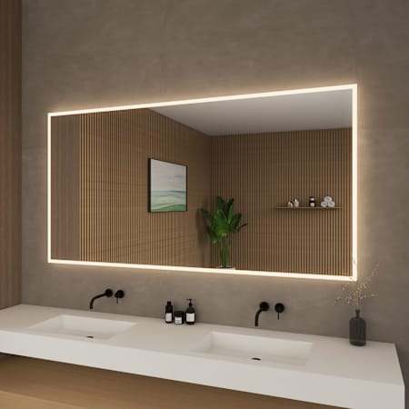 Wyndham Collection Hilton 70"W x 36"H Rectangular Flat Frameless Wall Mounted Bathroom Mirror with LED Lighting Silver