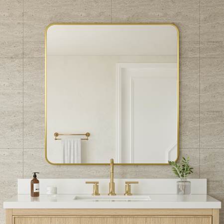 Wyndham Collection Hudson 34"W x 36"H Rectangular Flat Framed Wall Mounted Bathroom Mirror Brushed Gold