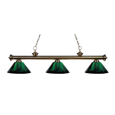 Z-Lite Riviera 3 Light 57" Wide Billiard Multi Light Pendant with Green Synthetic Shade Antique Brass