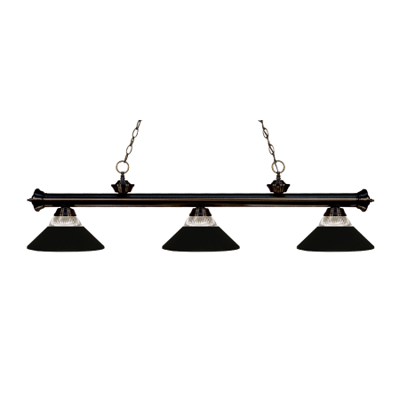 Z-Lite Riviera 3 Light Island/Billiard Chandelier with Clear Ribbed Glass and Matte Black Glass and Metal Shade Bronze
