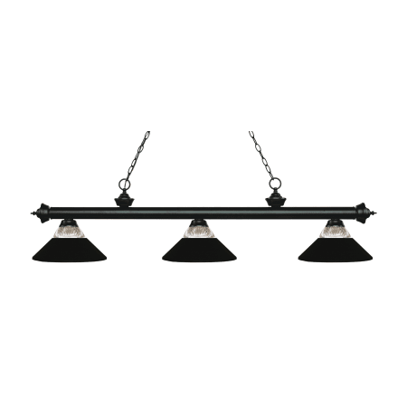 Z-Lite Riviera 3 Light Island/Billiard Chandelier with Clear Ribbed Glass and Matte Black Glass and Metal Shade Matte Black