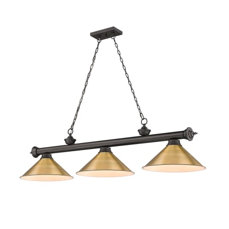 Z-Lite Cordon 3 Light 14" Wide Billiard Chandelier with Rubbed Brass Shades Bronze / Rubbed Brass
