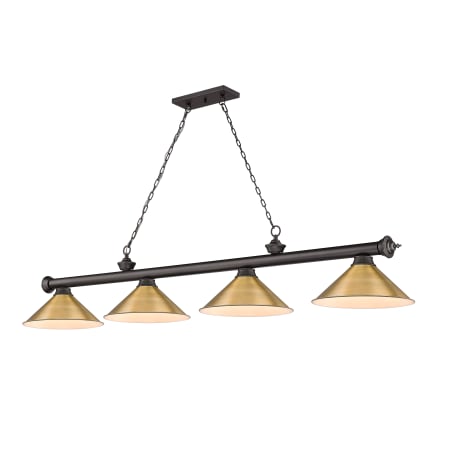 Z-Lite Cordon 4 Light 14" Wide Billiard Chandelier with Rubbed Brass Shades Bronze / Rubbed Brass