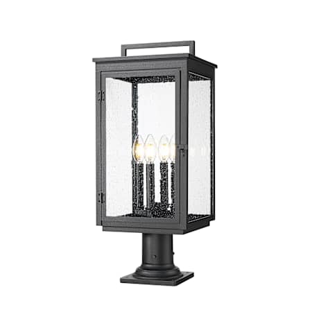 Z-Lite Hartwell 4 Light 25" Tall Post Light with Seedy Glass Panels Sand Black
