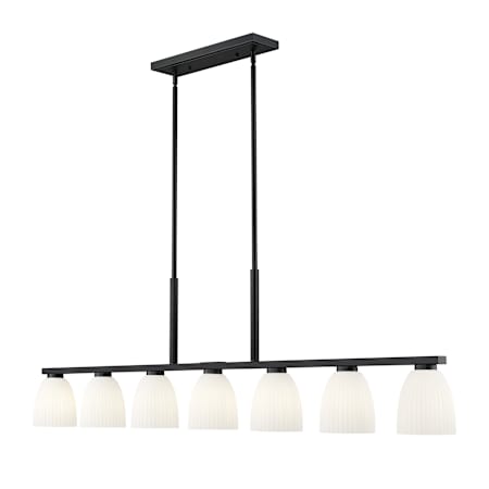 Z-Lite Naya 7 Light 64" Wide Linear Chandelier with Ribbed, Matte Opal Glass Shades Matte Black