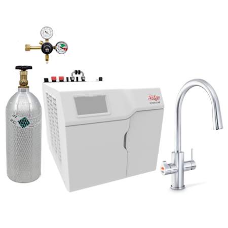 Zip Water HydroTap Celsius AIO 1.8 GPM Boiling, Chilled, and Sparkling Kitchen Faucet - Includes 120V Command Center, One (1) 5lb CO2 Cylinder, and CO2 Regulator Brushed Chrome