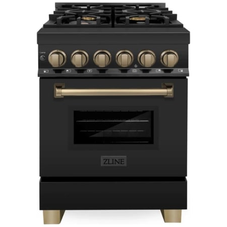 ZLINE Autograph Edition 24 Inch Wide 2.8 Cu. Ft. Free Standing Dual Fuel Range with Brass Burners, Champagne Bronze Accents, and StayPut Door Black Stainless Steel