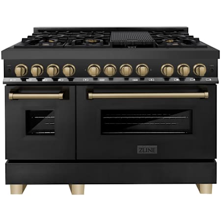 ZLINE Autograph Edition 48 Inch Wide 6 Cu. Ft. Free Standing Dual Fuel Range with Brass Burners, Champagne Bronze Accents, Griddle, and StayPut Doors Black Stainless Steel