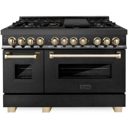 ZLINE Autograph Edition 48 Inch Wide 6 Cu. Ft. Free Standing Dual Fuel Range with Brass Burners, Gold Accents, Griddle, and StayPut Doors Black Stainless Steel