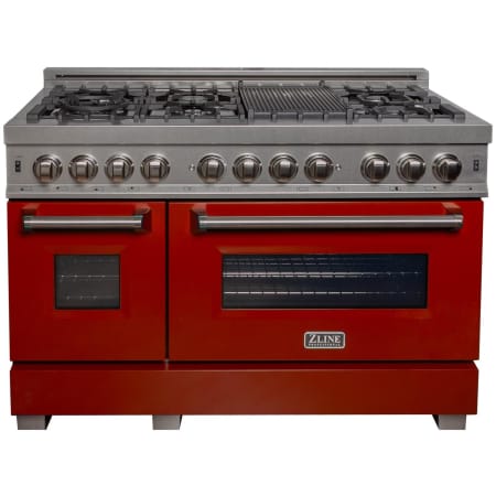 ZLINE Legacy 48 Inch Wide 6 Cu. Ft. Free Standing Fingerprint Resistant Dual Fuel Range with Griddle, Italian-Made Sealed Burners, and Red Gloss Door Stainless Steel / Red Gloss