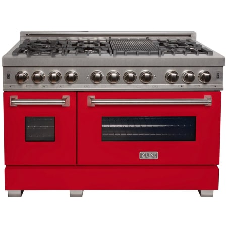 ZLINE Legacy 48 Inch Wide 6 Cu. Ft. Free Standing Fingerprint Resistant Dual Fuel Range with Griddle, Italian-Made Sealed Burners, and Red Matte Door Stainless Steel / Red Matte