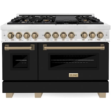 ZLINE Autograph Edition 48 Inch Wide 6 Cu. Ft. Free Standing Fingerprint Resistant Dual Fuel Range with Black Matte Door, Brass Burners, Champagne Bronze Accents, and Griddle Stainless Steel / Black Matte